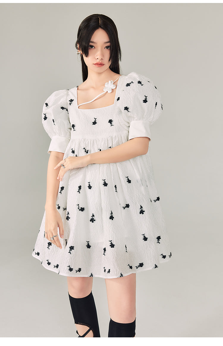 Square Neck Puff Sleeve Floral Pattern One-piece