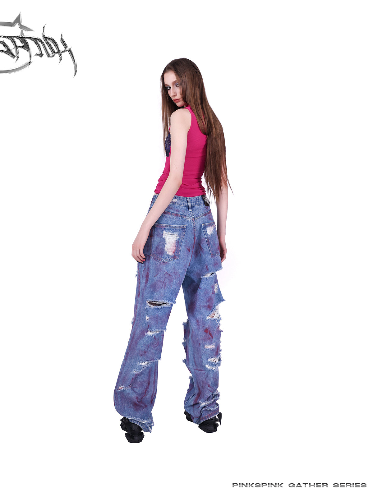 Loose Straight Graffiti Damaged Denim Pants