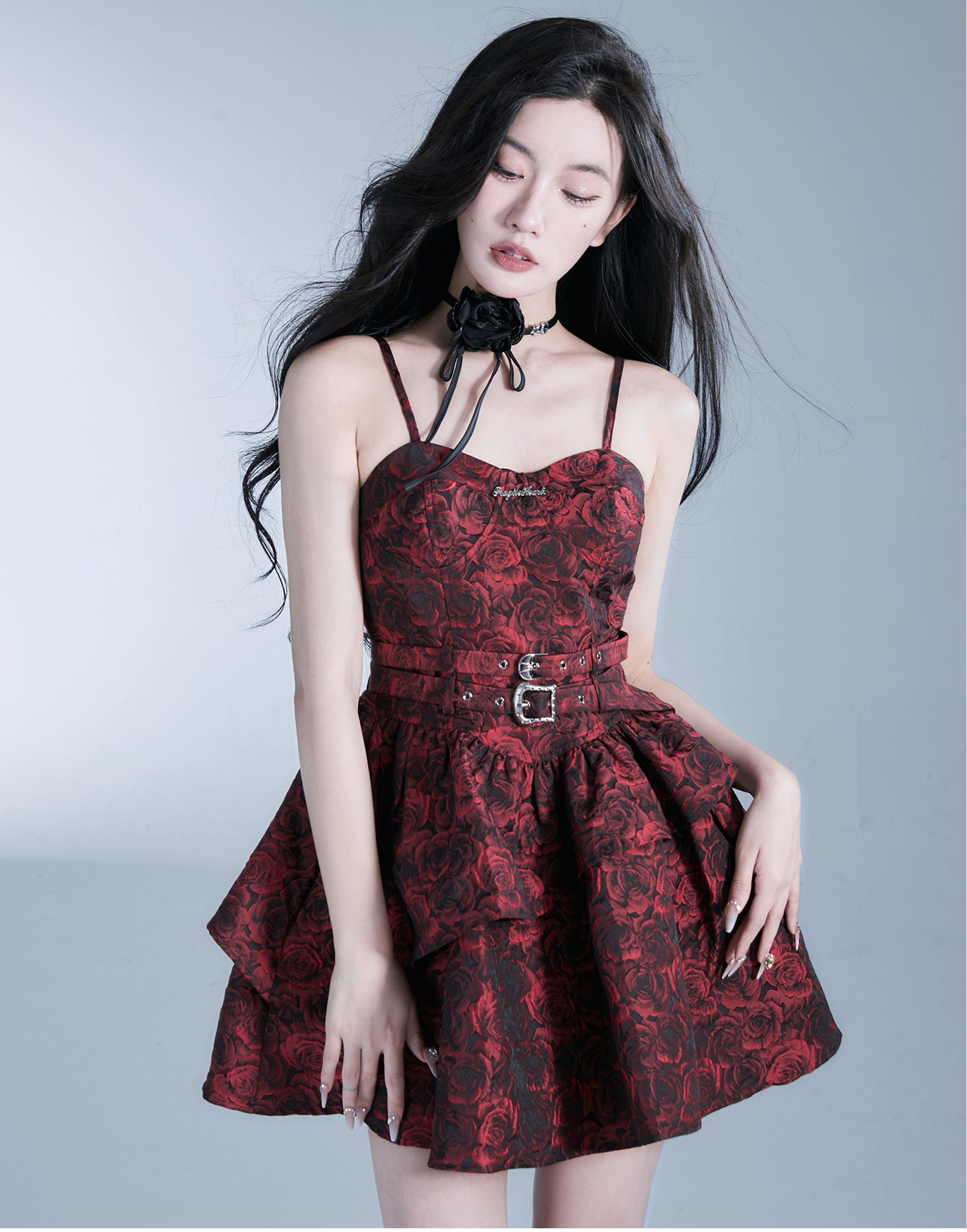 Red Rose Waist Belt Suspender Dress