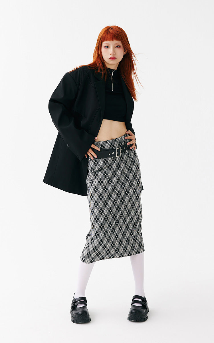 Slim Fit Plaid Long Skirt