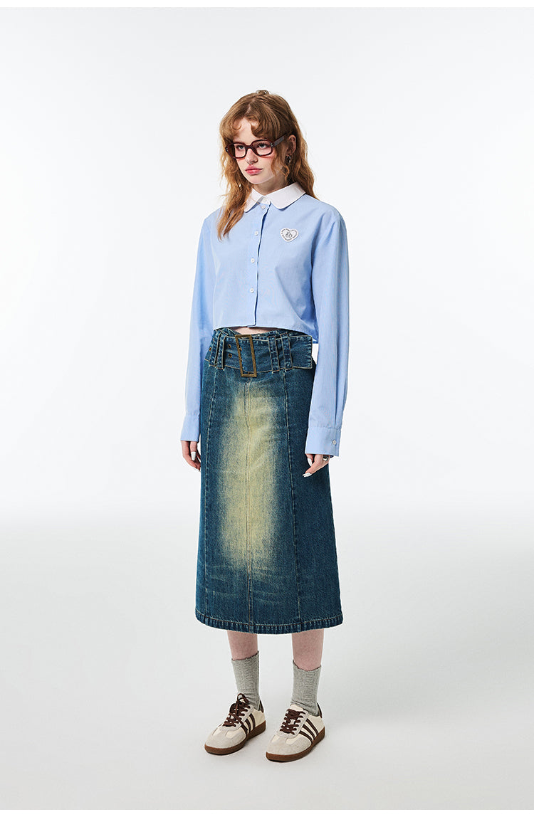 Hip Hugging High Waist Mid Length Denim Skirt