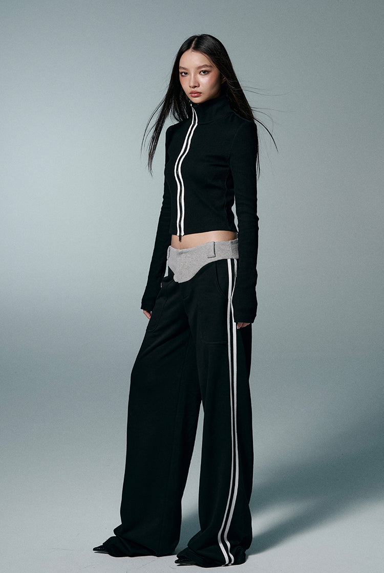 Zip Tight Fit Knit Top&Loose Straight Sideline Sports Pants Setup