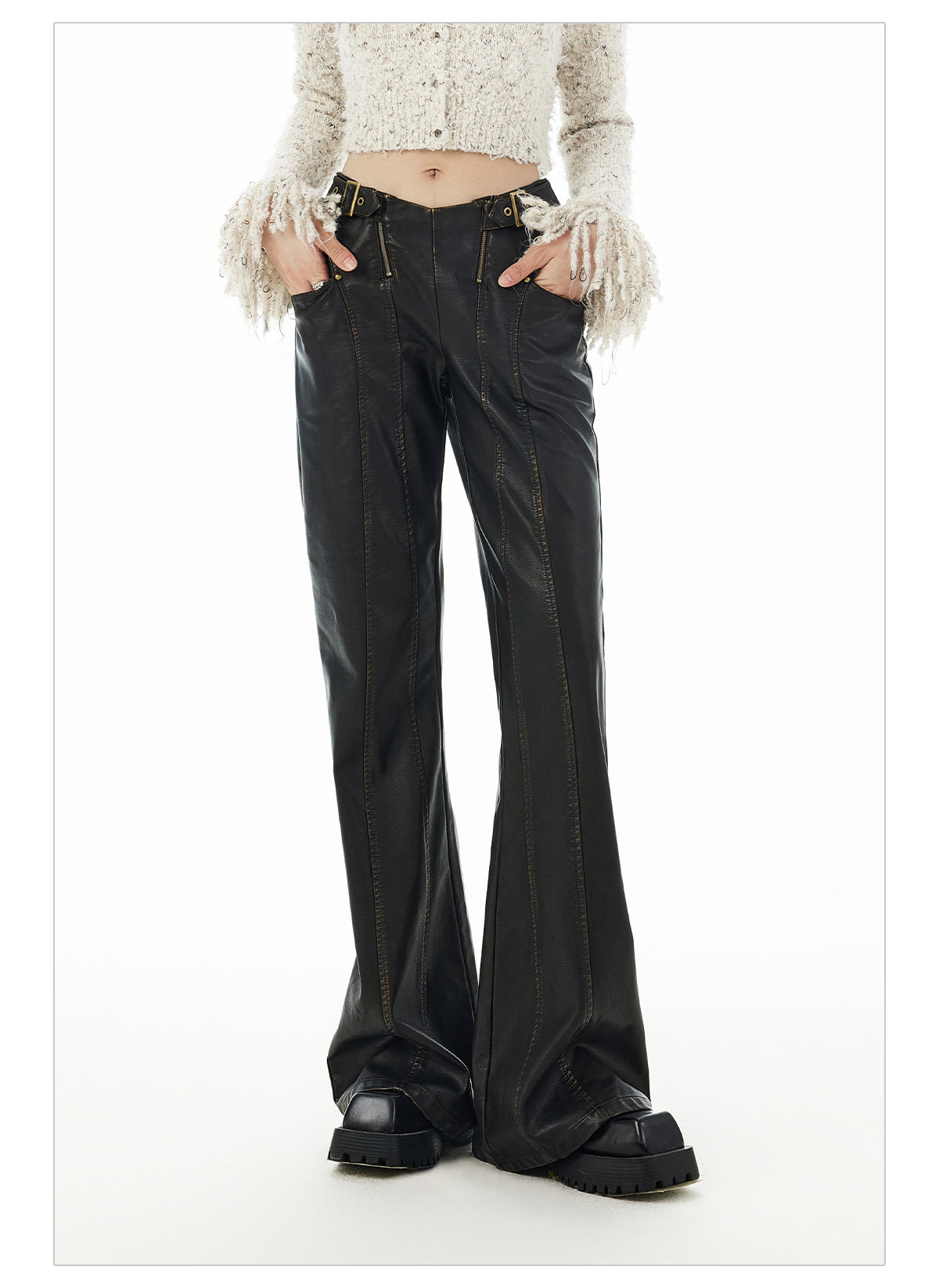 V-Waist PU Leather Pants