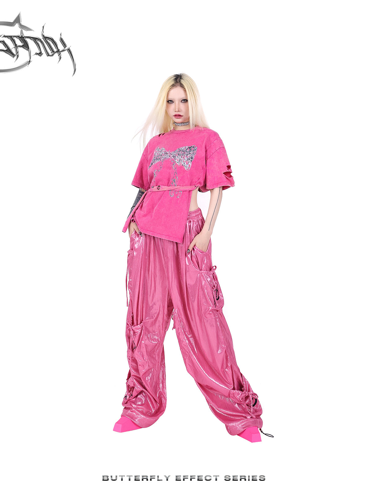 Wide-leg multi-pocket shiny cargo pants