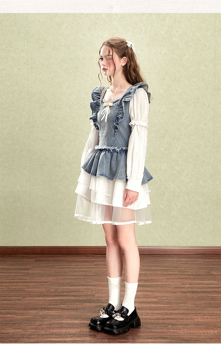 Original Sweet Little Flying Sleep Splice Denim Faux Two Piece Waist Dress