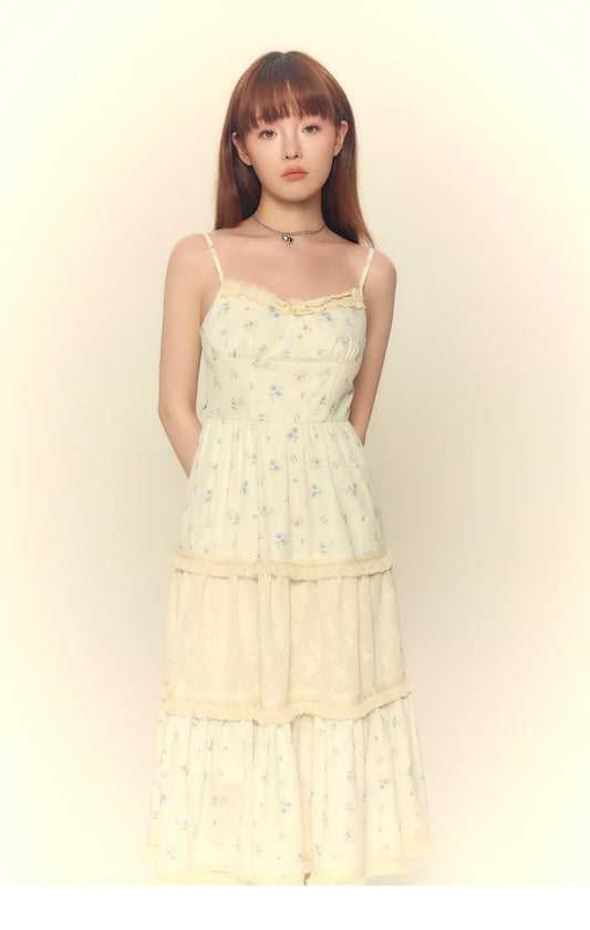 Floral Lace Splicing Suspender Dress