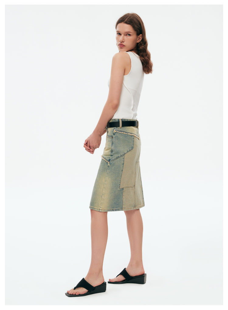 Reconstructed Retro Washed Slim A-Line Skirt