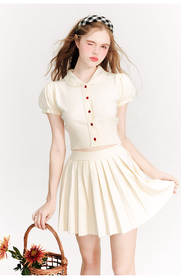 Puff Sleeve Short Length Knit & Pleated Short Length Skirt Setup