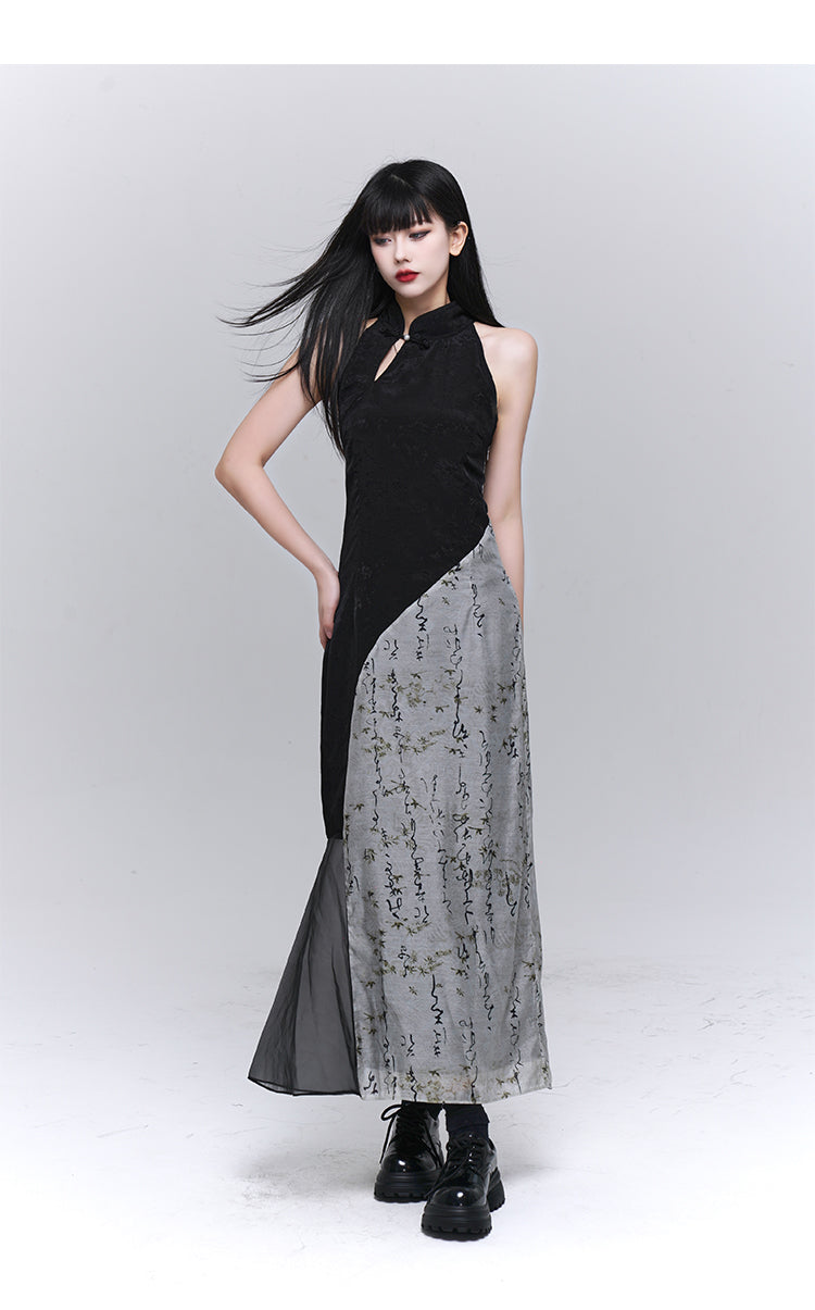 Contrast Color Side Slit Chinese Dress