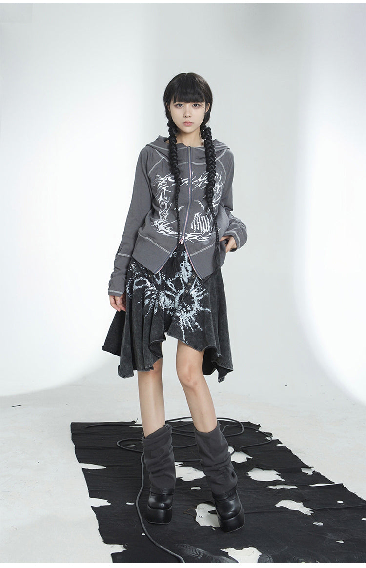 Loose Fit Zip Punk Hoodie & Short Length Sweatshirt Skirt