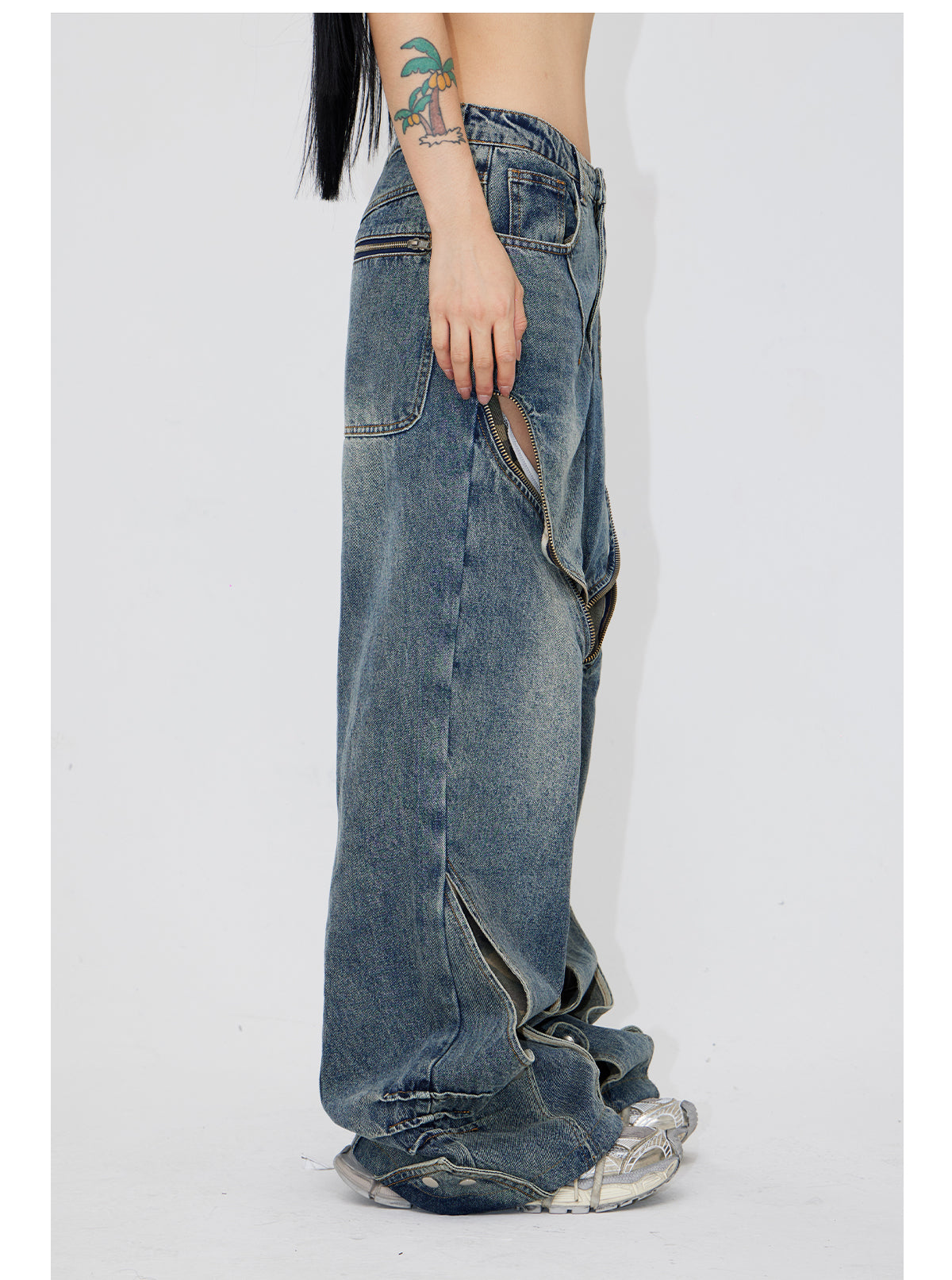 Wide leg splicing zip denim pants