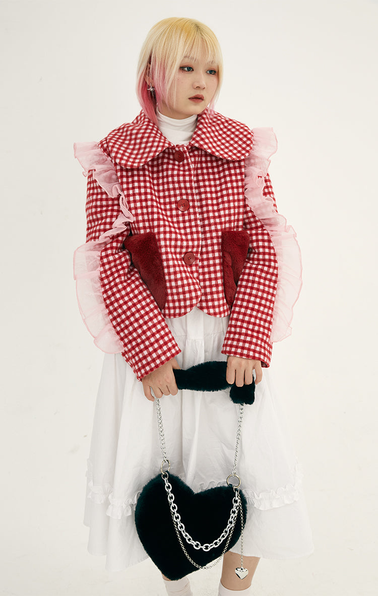 Girly Red Check Ruffle Jacket