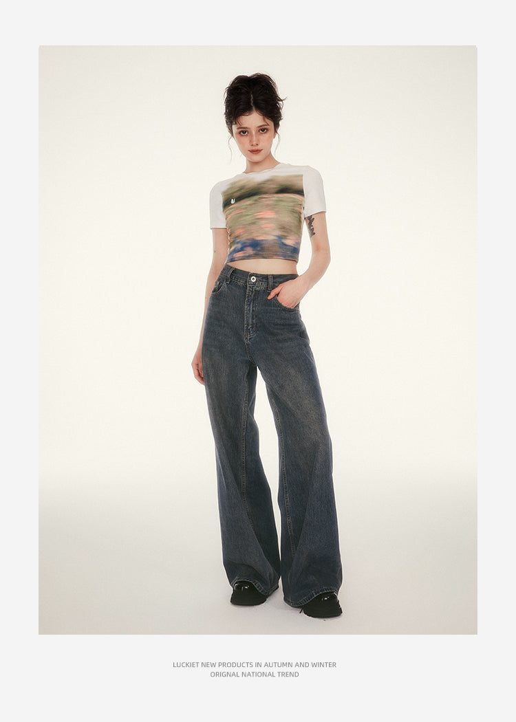 Retro wash wide leg pants casual loose jeans