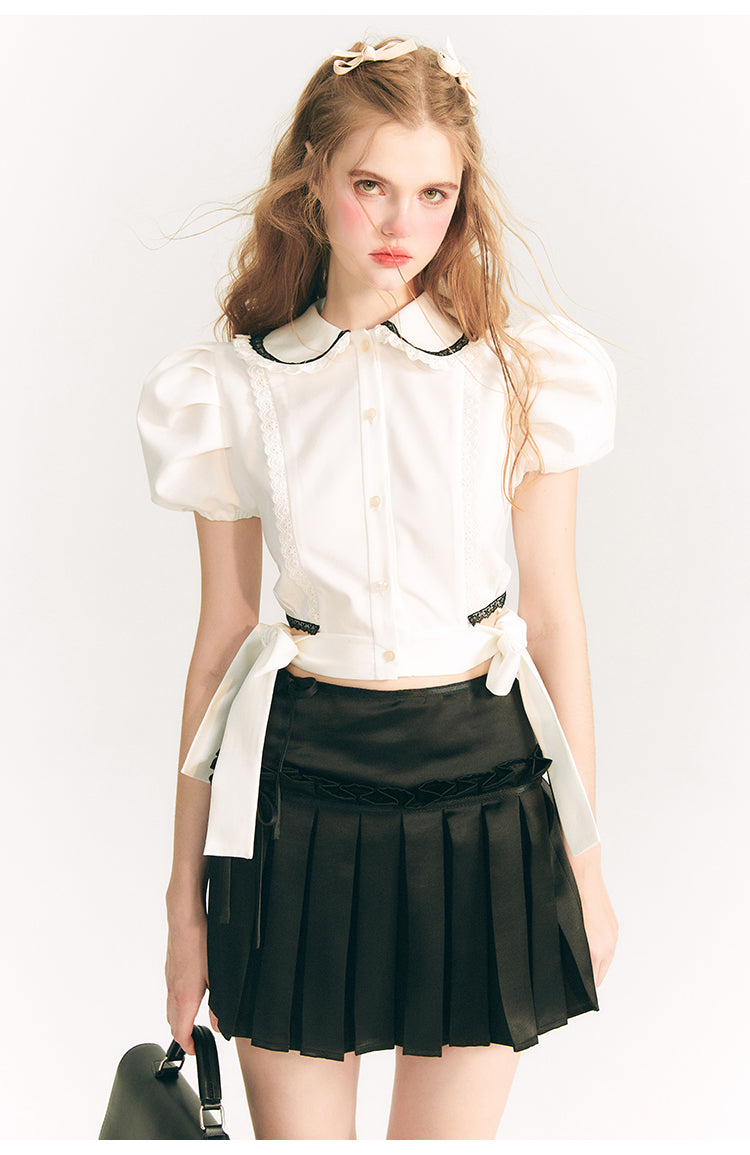 Side Ribbon Puff Sleeve Short Shirt