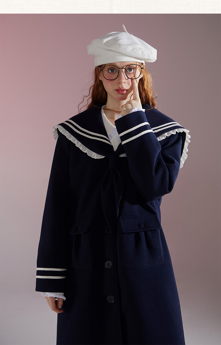 Original design college style navy mid-length wool coat