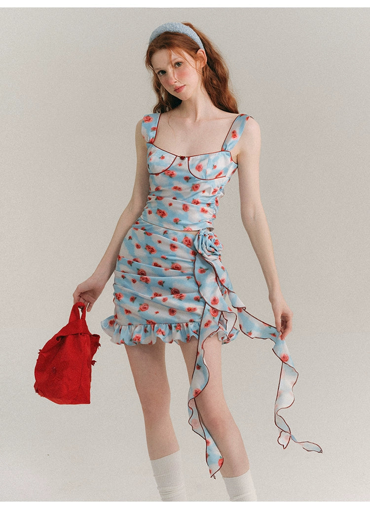 Slim Fit Rose Floral Pattern Suspender Dress