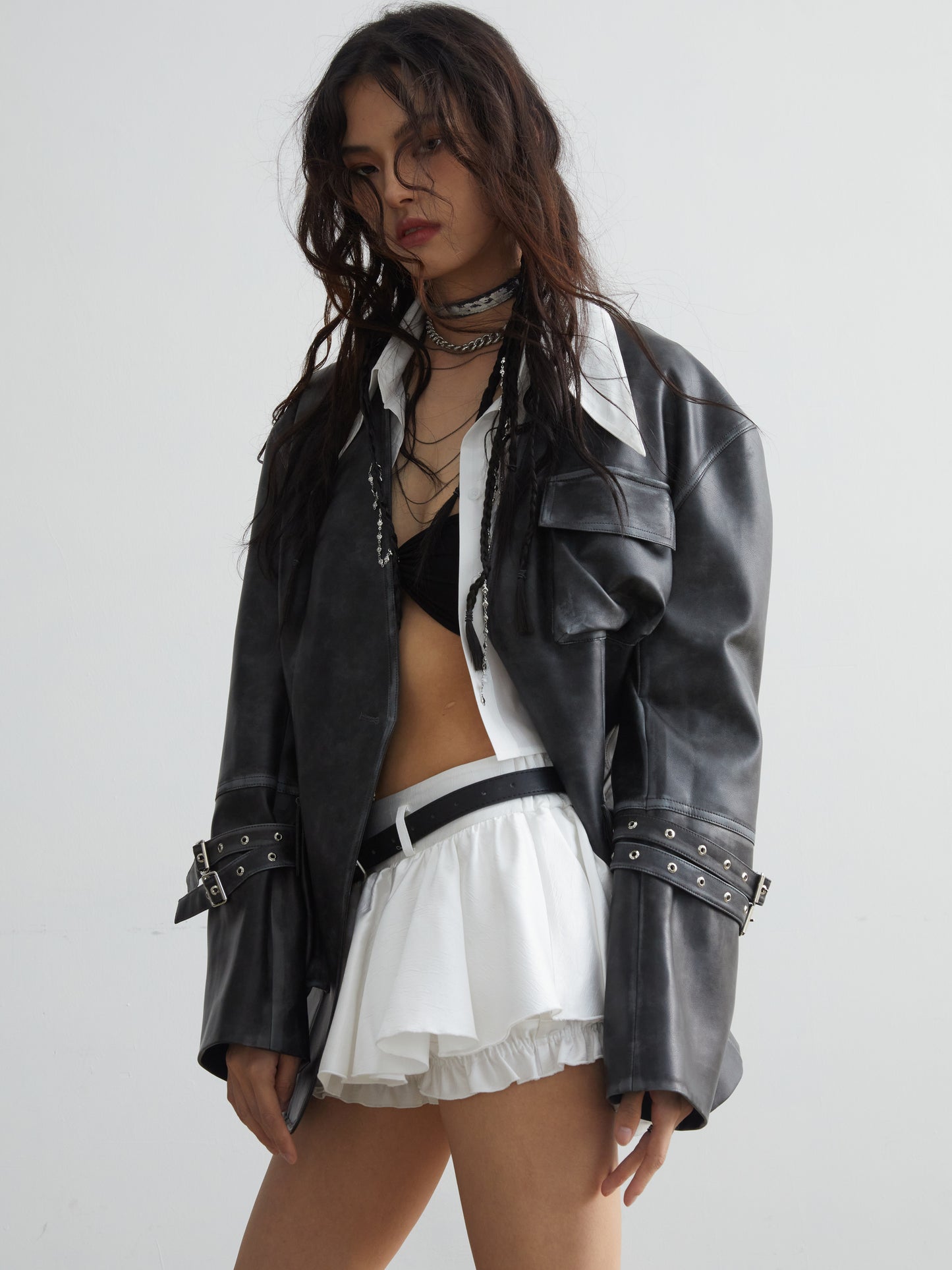 Belt Decoration Anti-exposure Frill Miniskirt