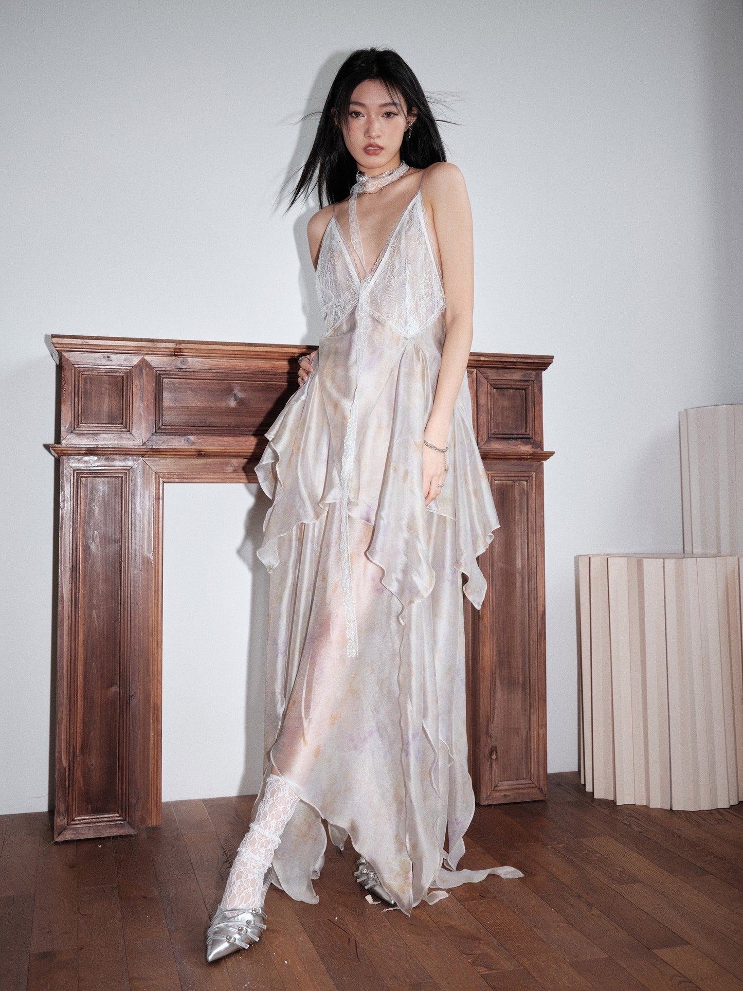 Gauze Print Transparent Feather Dress