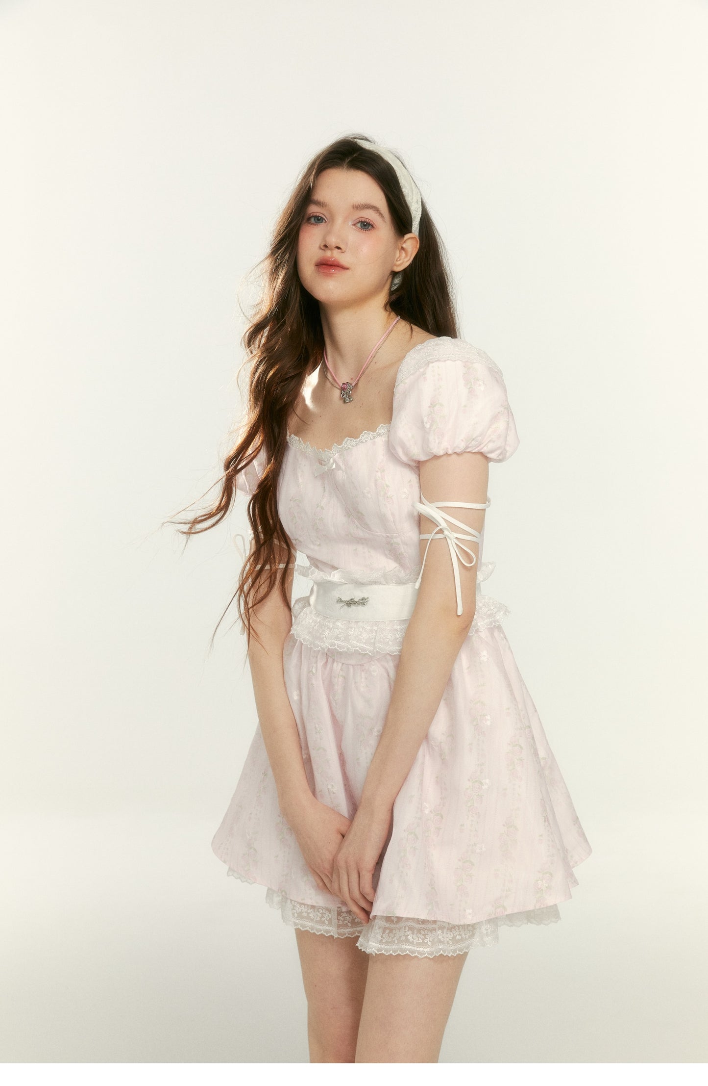 Pink Girdle Puff Sleeve Princess Dress