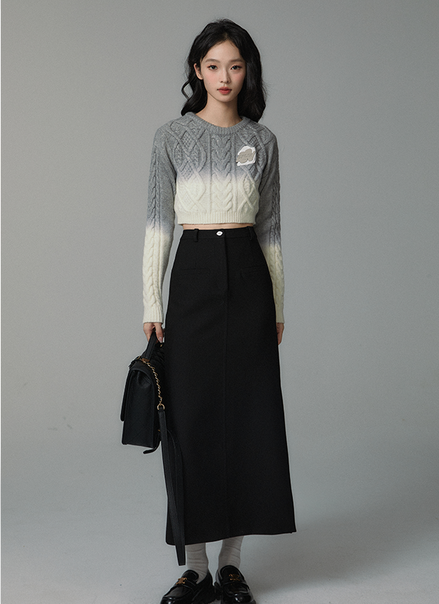 Cable spray-dyed pullover gradient sweater &amp; skirt set up