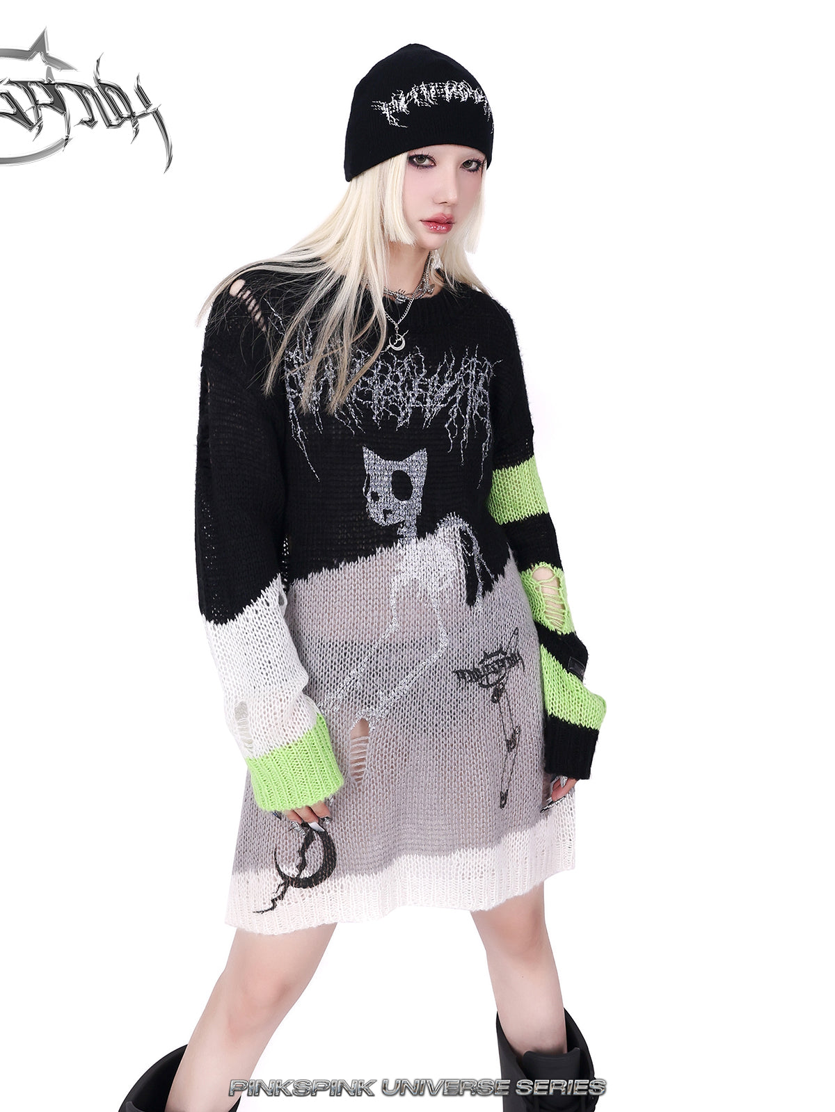 Loose Fit Cat Zombie Pattern Striped Knit