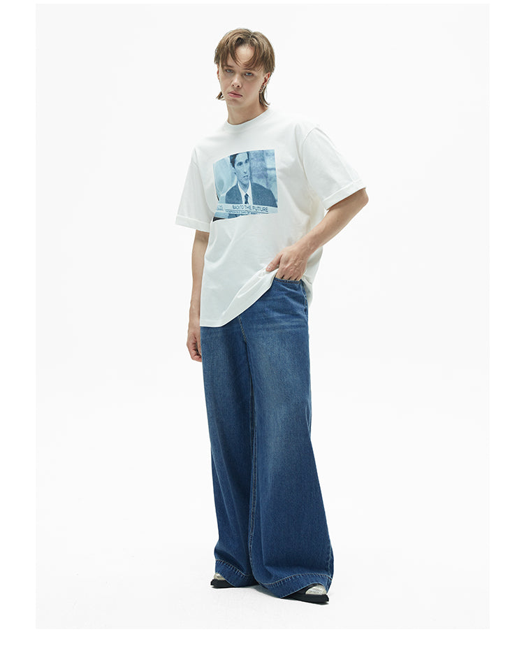 Wide-leg oversized washed retro denim pants