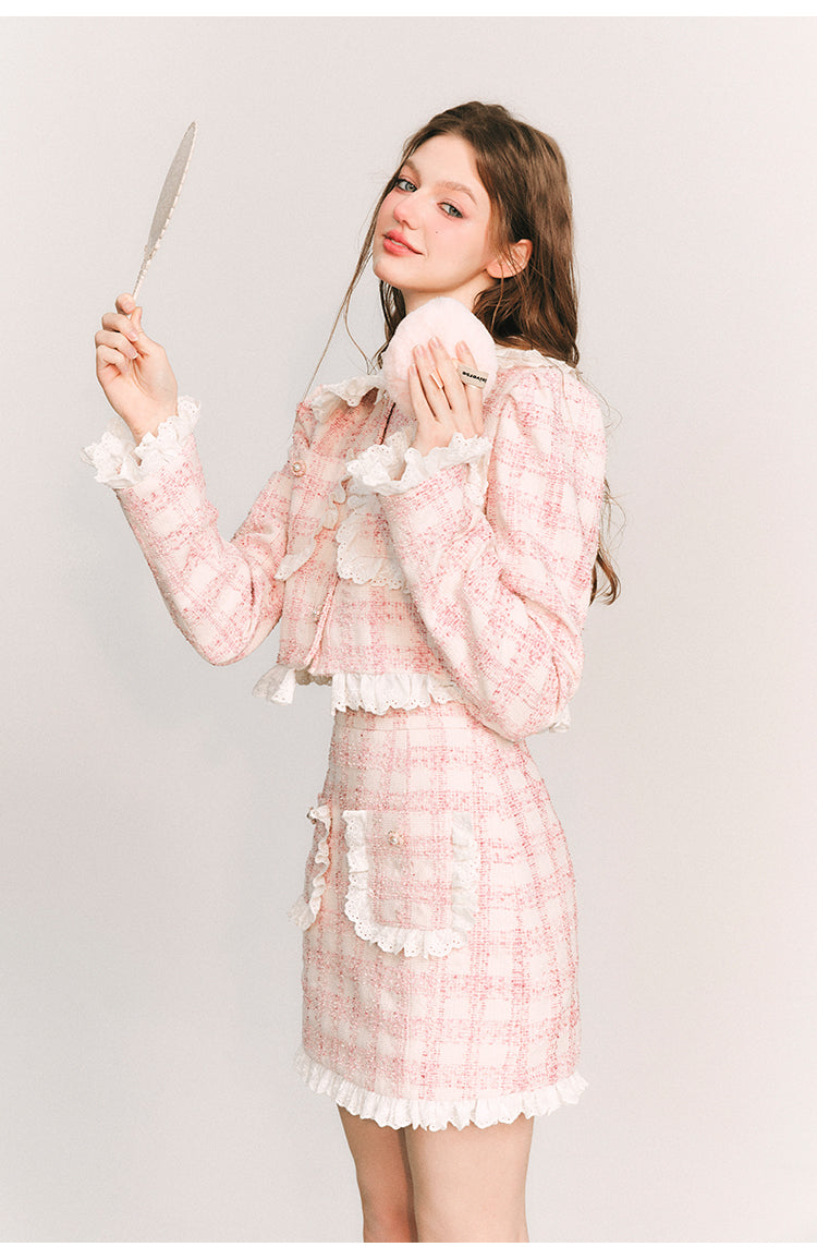 Frill Tweed Jacket &amp; Tweed Tight Short Skirt Setup