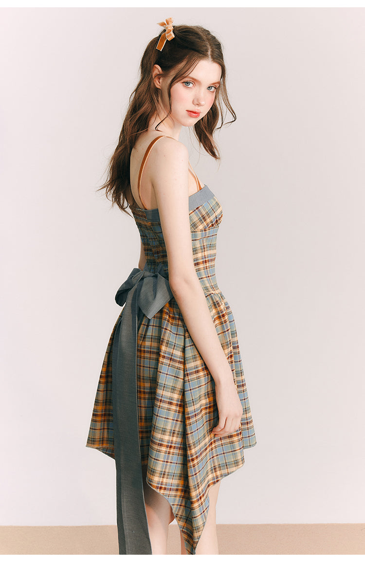 Back Ribbon Plaid Short Suspender One-piece