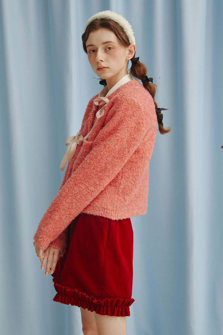 Ribbon design wool knit cardigan jacket