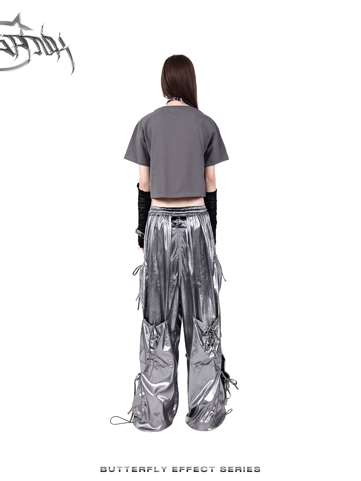 Wide-leg multi-pocket shiny cargo pants