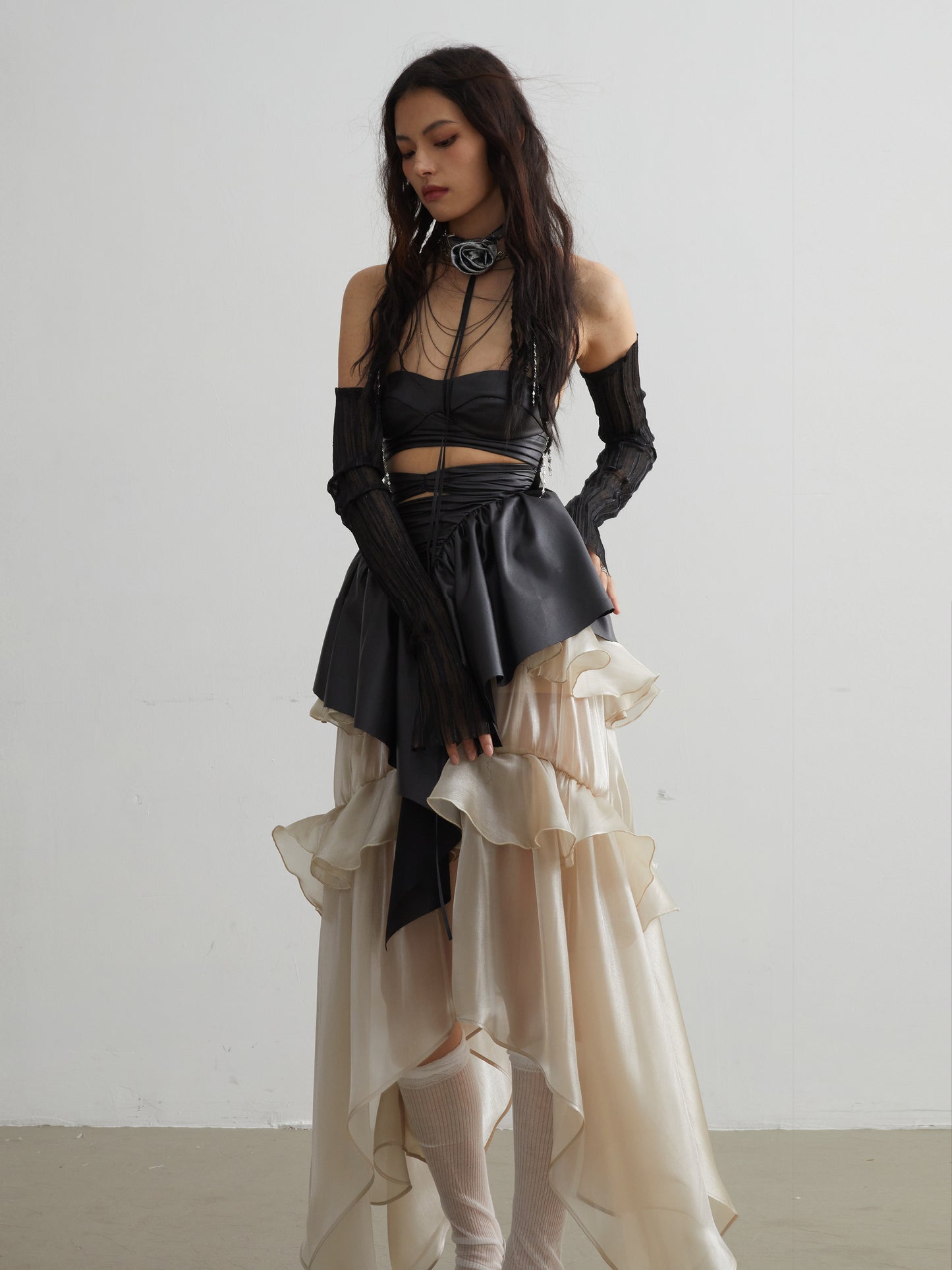 Nude Glossy Ruffle Goldfish Skirt