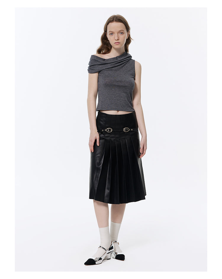 Retro Pleated A-line Leather Skirt