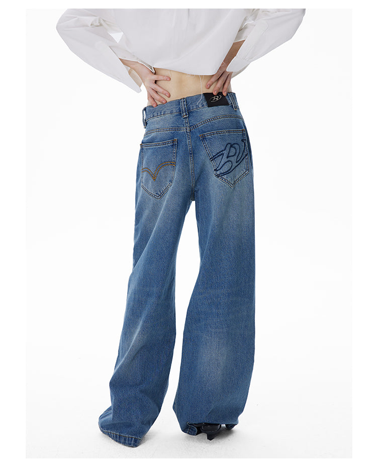 Back pocket embroidery retro washed denim pants