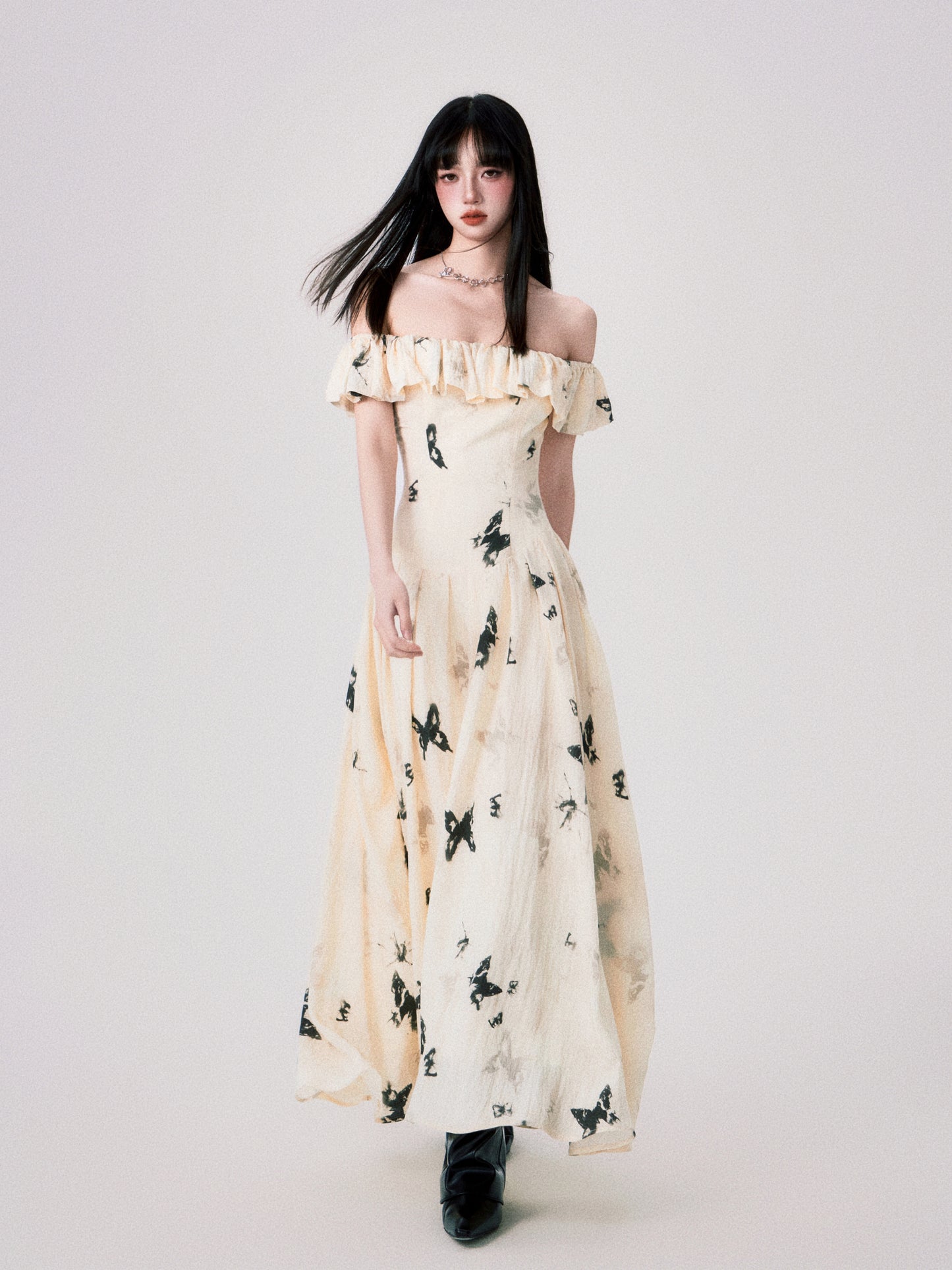 Off Shoulder French Butterfly Print Dress