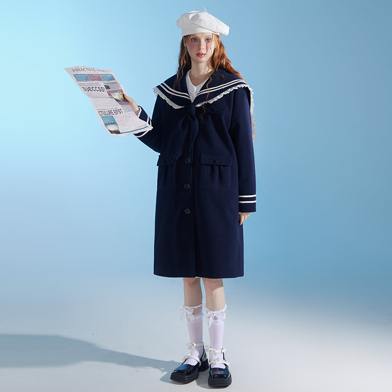 Original design college style navy mid-length wool coat