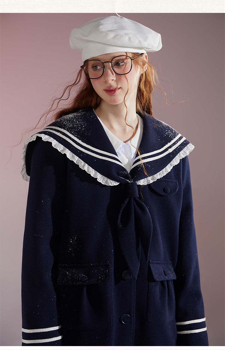 Original design college style navy mid-length wool coat