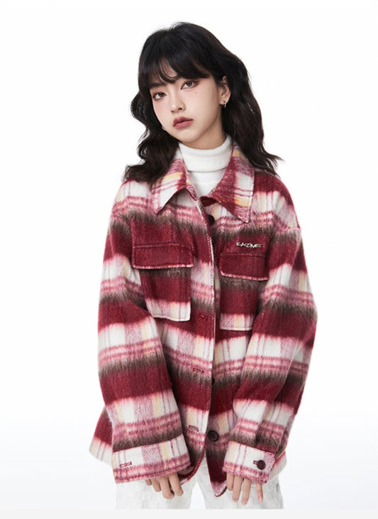 Red Striped Shirt Ledge Style Wool Jacket