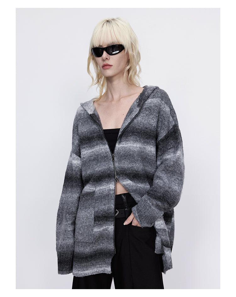 wool striped knit hood cardigan