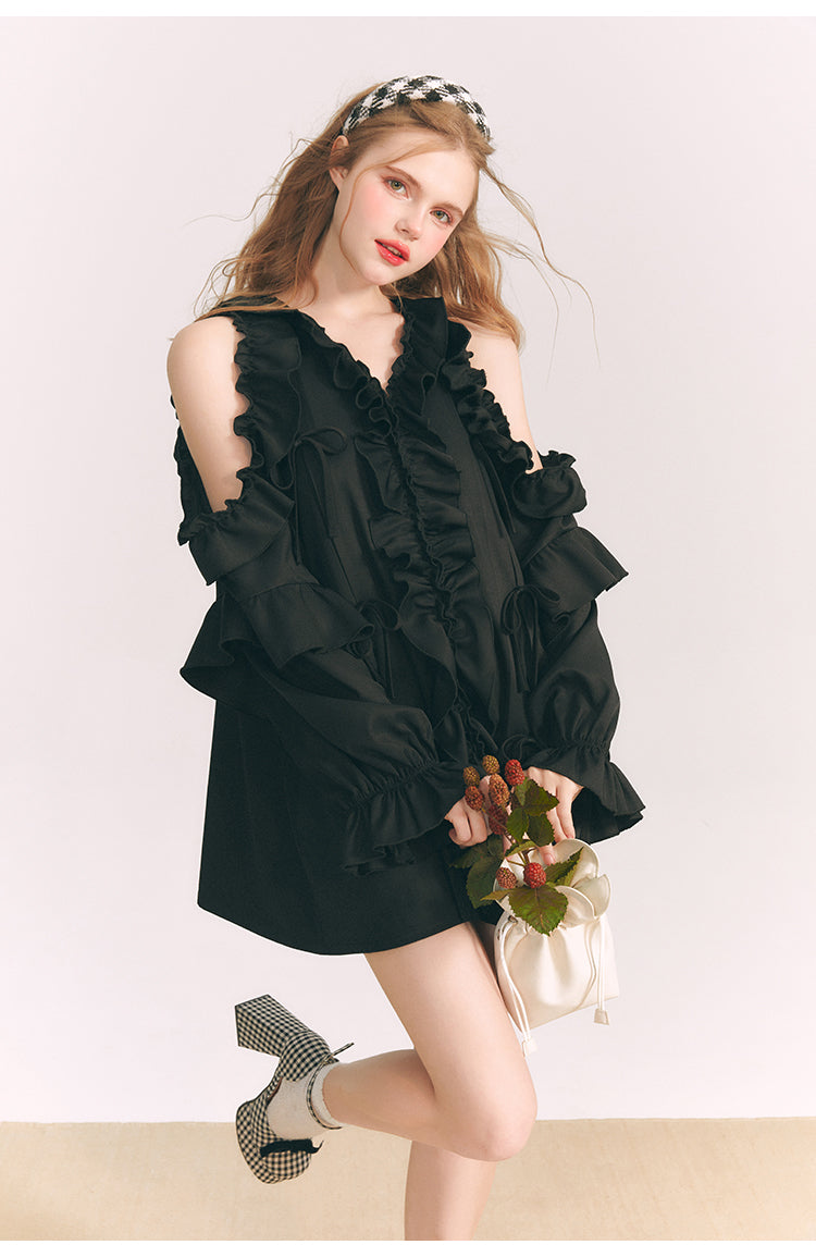 Off-the-shoulder Frilled V-neck Shirt Dress