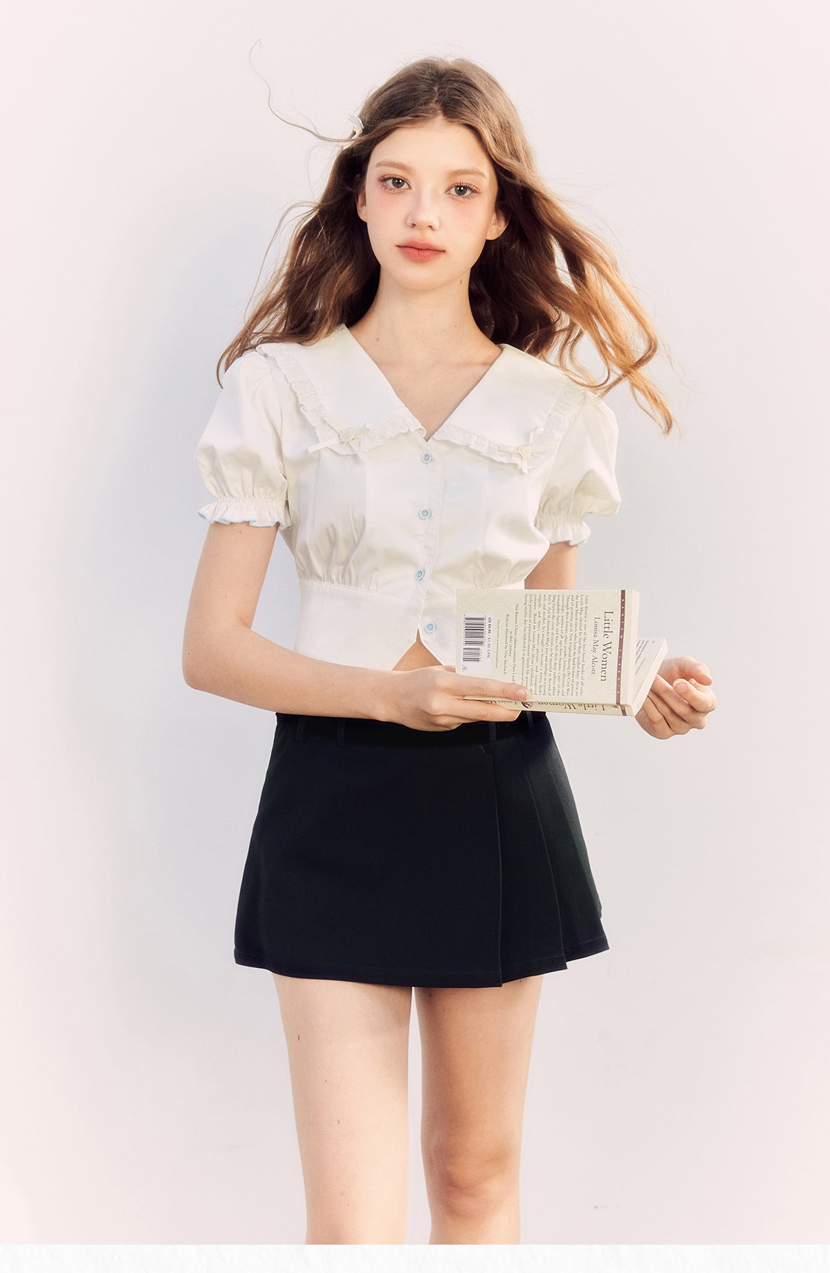 Puff sleeve label waist short shirt