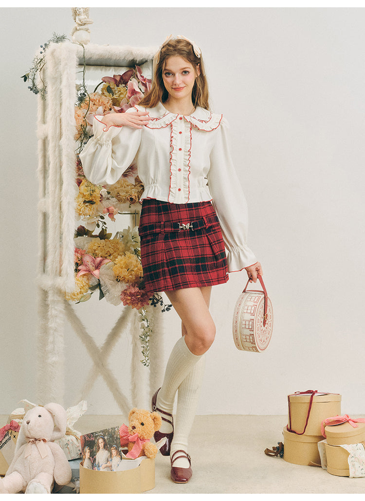 Christmas red wool plaid skirt