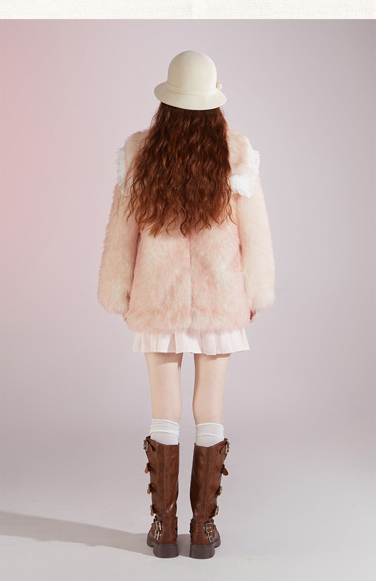 Original designSweet Baby Collar White&Pink Fur Coat