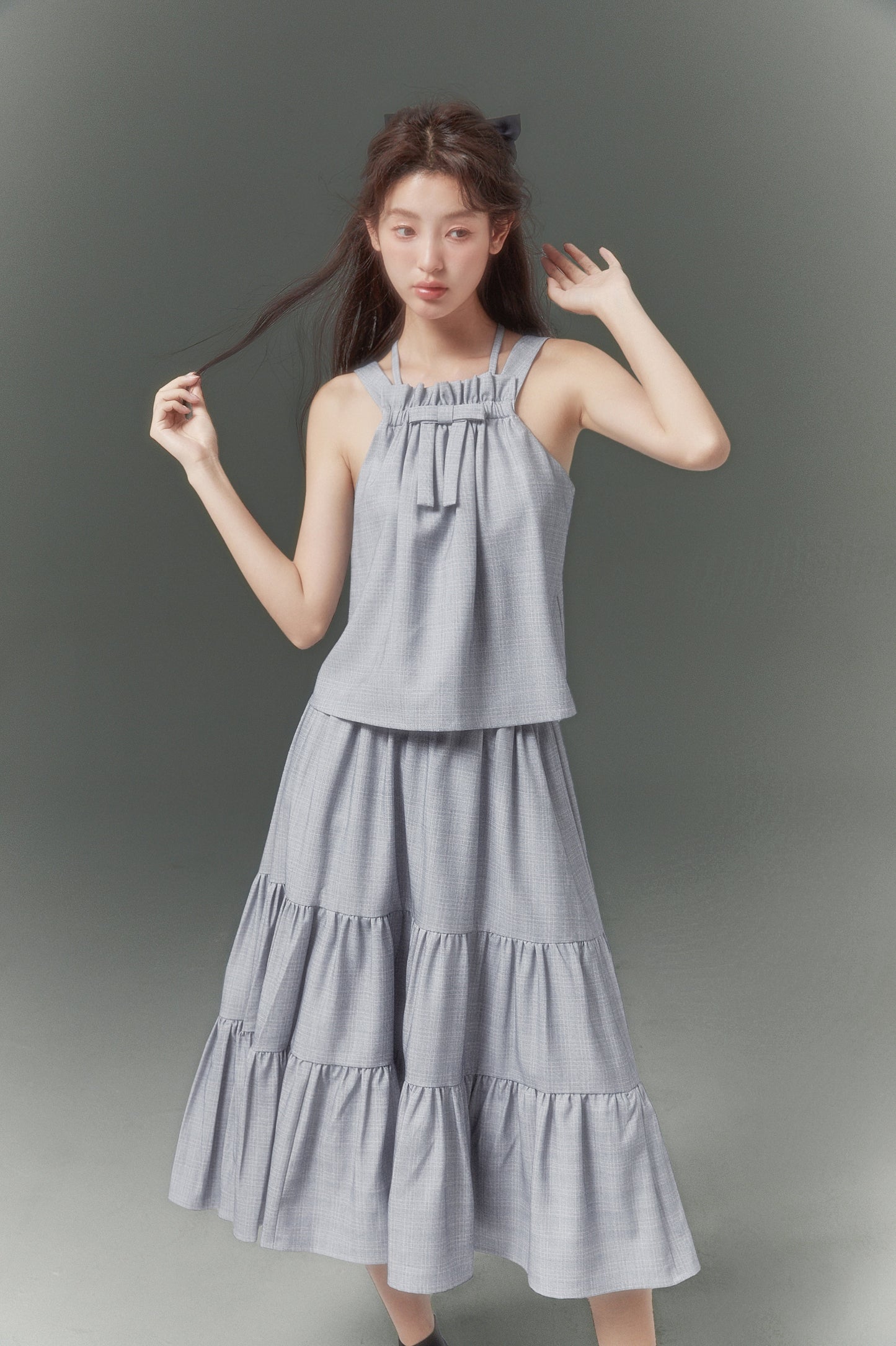 Light Blue Short Cardigan & Double Strap Top Women's Pleated Skirt