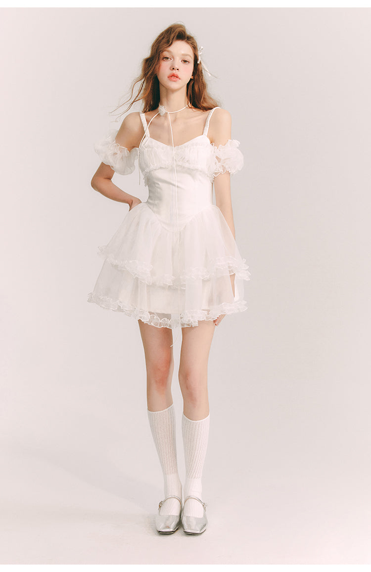 Frill Suspender Puff Skirt Short Dress