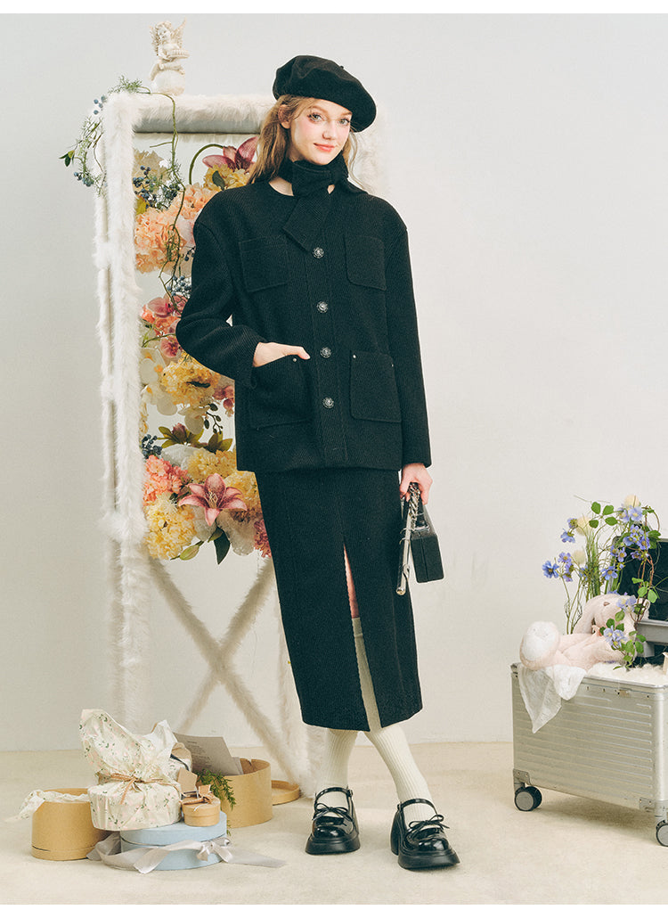 Wool Jacket Black Slit Skirt Suit