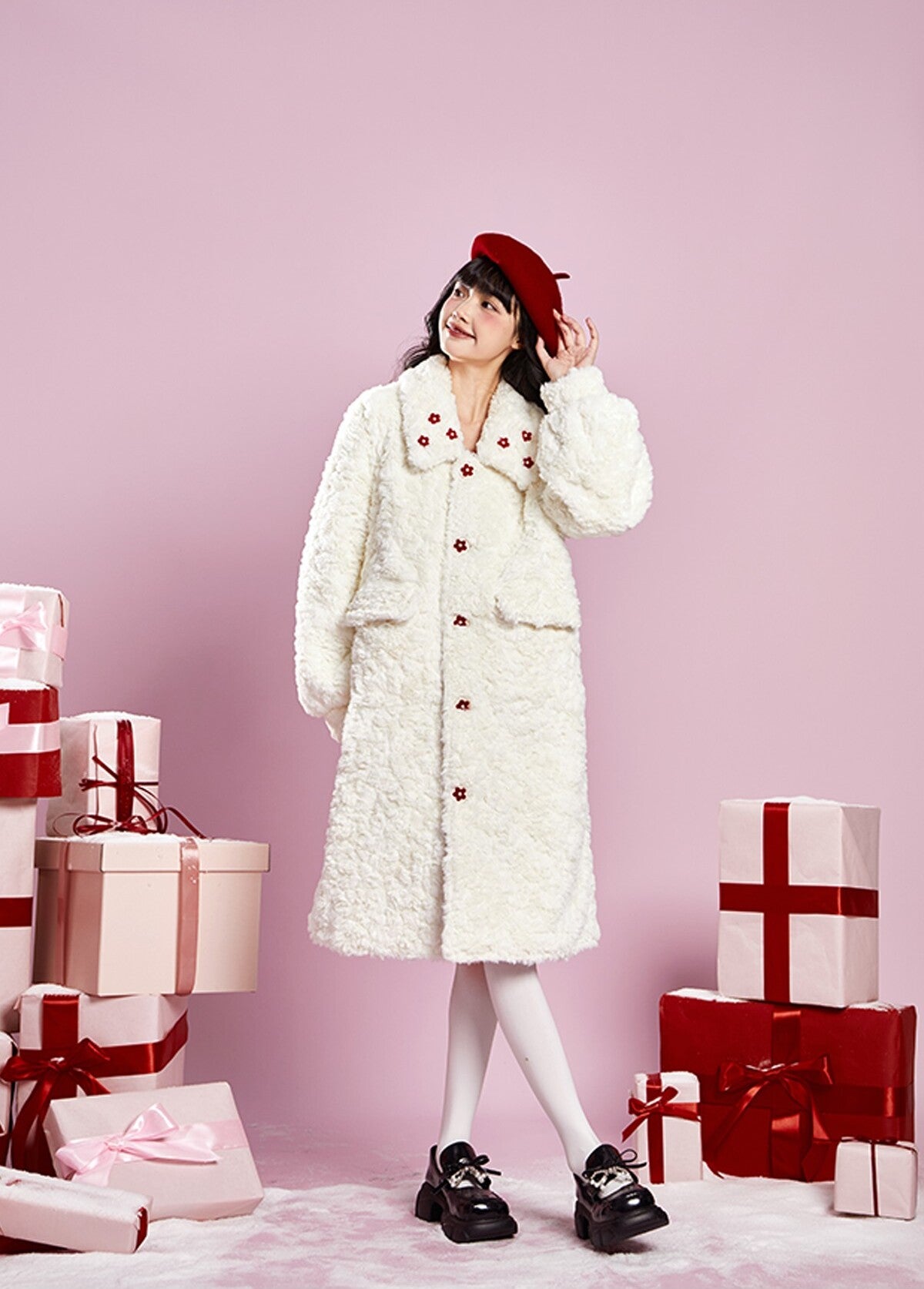 Original design winter retro mid-length thick plush coat