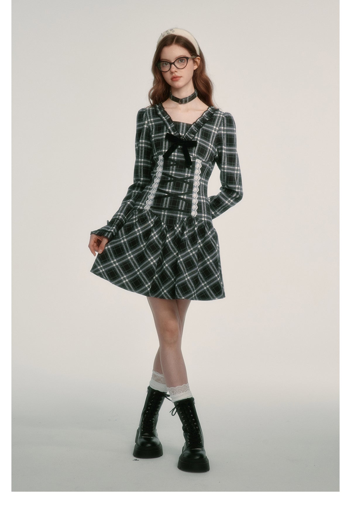 Plaid V-neck Waist Dress