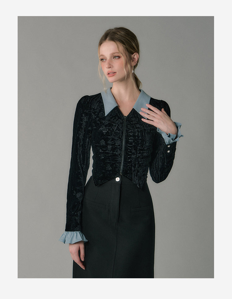 Retro design contrast velvet pleated shirt