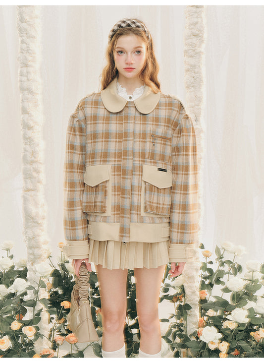 Checked wool jacket&Versatile pleated skirt