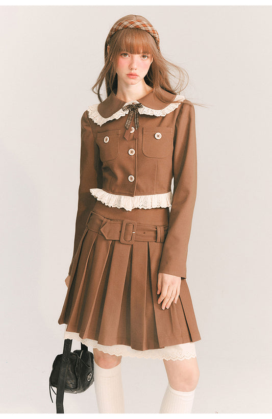 Short Length Frill Neck Jacket & Pleated Skirt Set-Up